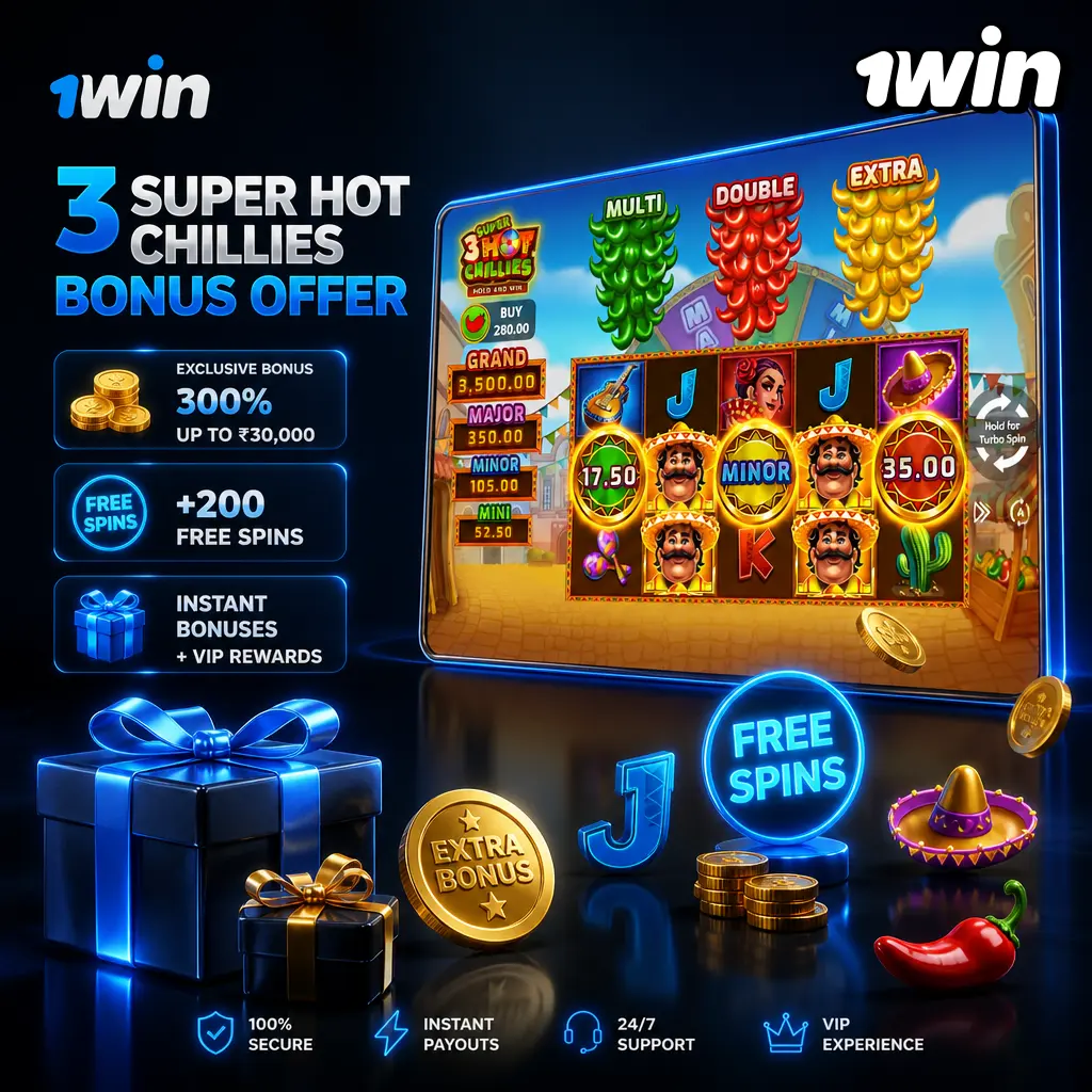 1win welcome bonus for 3 Super Hot Chillies: 500% up to 2,800 USD plus 500 free spins on first four deposits