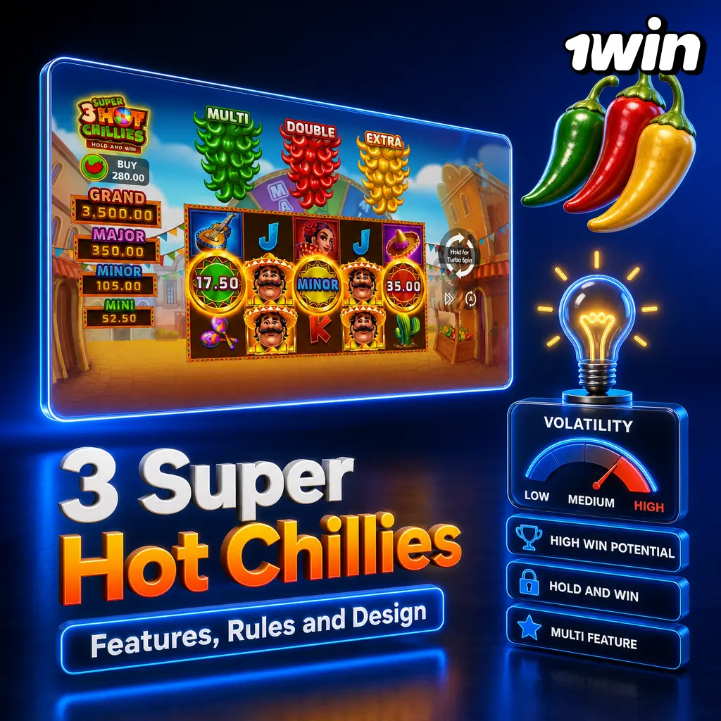 3 Super Hot Chillies slot on 1win: 3x3 grid, wild chili symbols, RTP 95.74%, fiery red and gold design