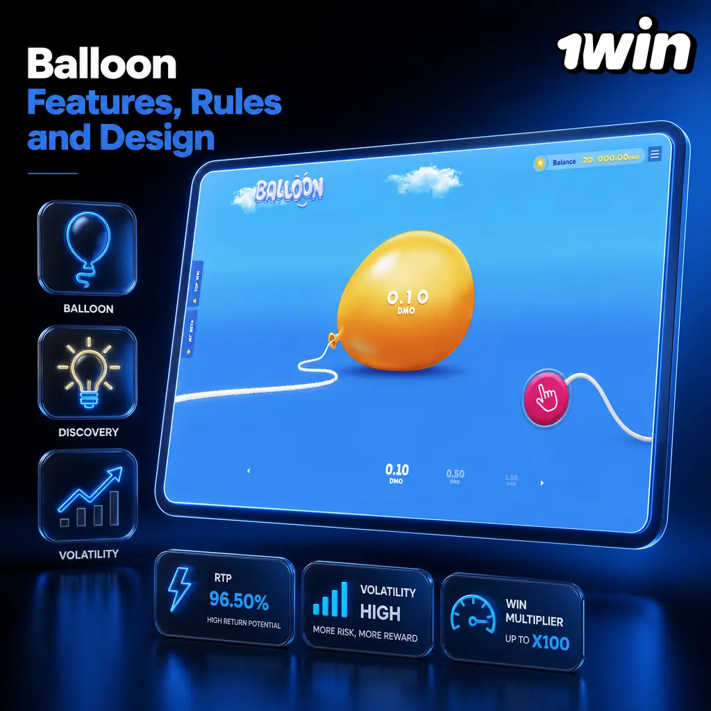 Balloon game on 1win: cash out before the pop, 96.24% RTP, adjustable volatility, fast rounds under 10 seconds.