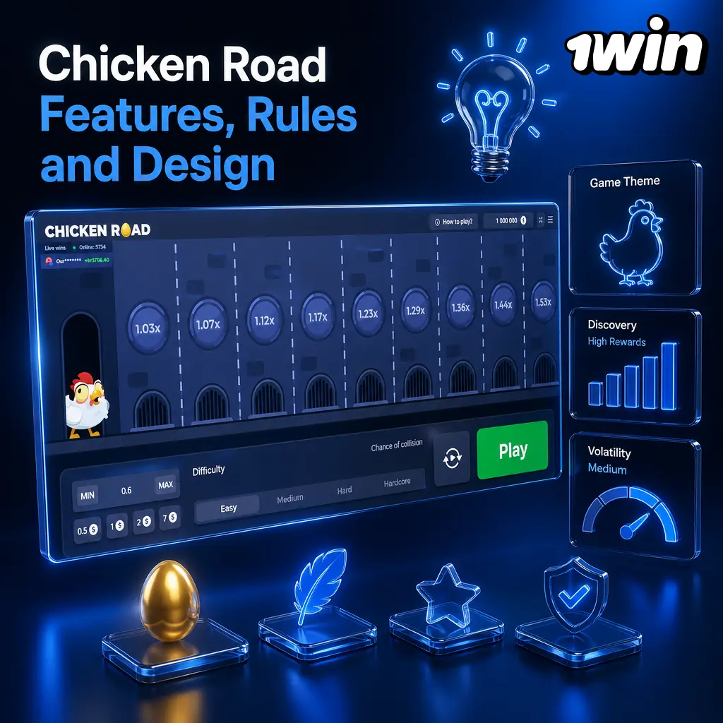 Chicken Road game on 1win: cartoon chicken crossing traffic lanes with rising multiplier and cashout mechanic.