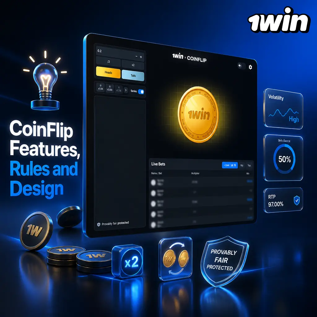 1win CoinFlip game screen showing heads-or-tails betting panel, 3D spinning coin, and 97% RTP display.