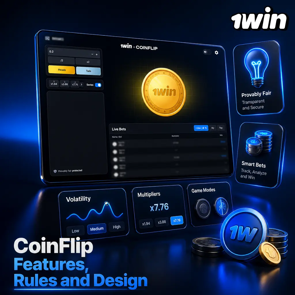 CoinFlip game screen at 1win casino showing 3D coin, heads or tails choice, and multiplier cash-out buttons
