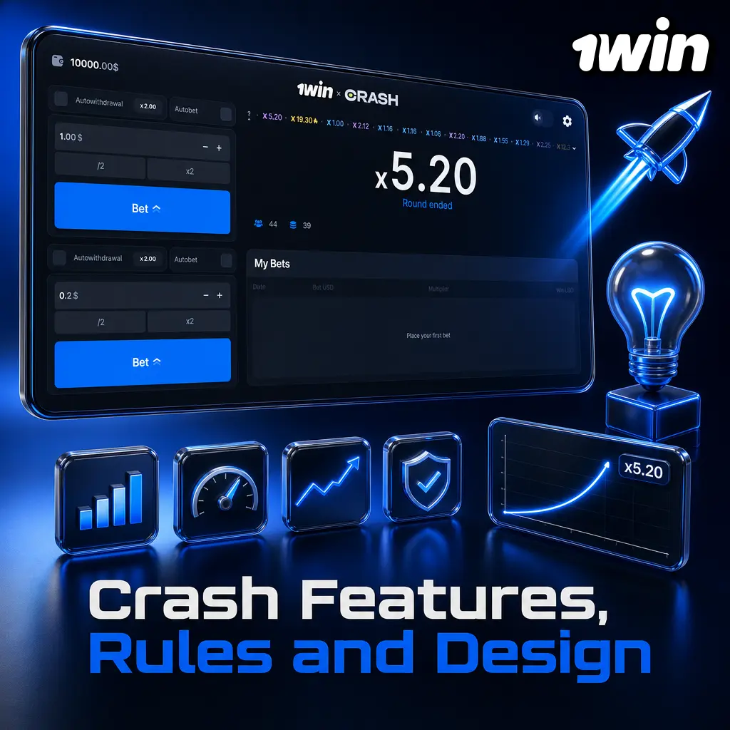 Crash game interface at 1win showing a rising multiplier curve with rocket icon on a dark cockpit-style design.