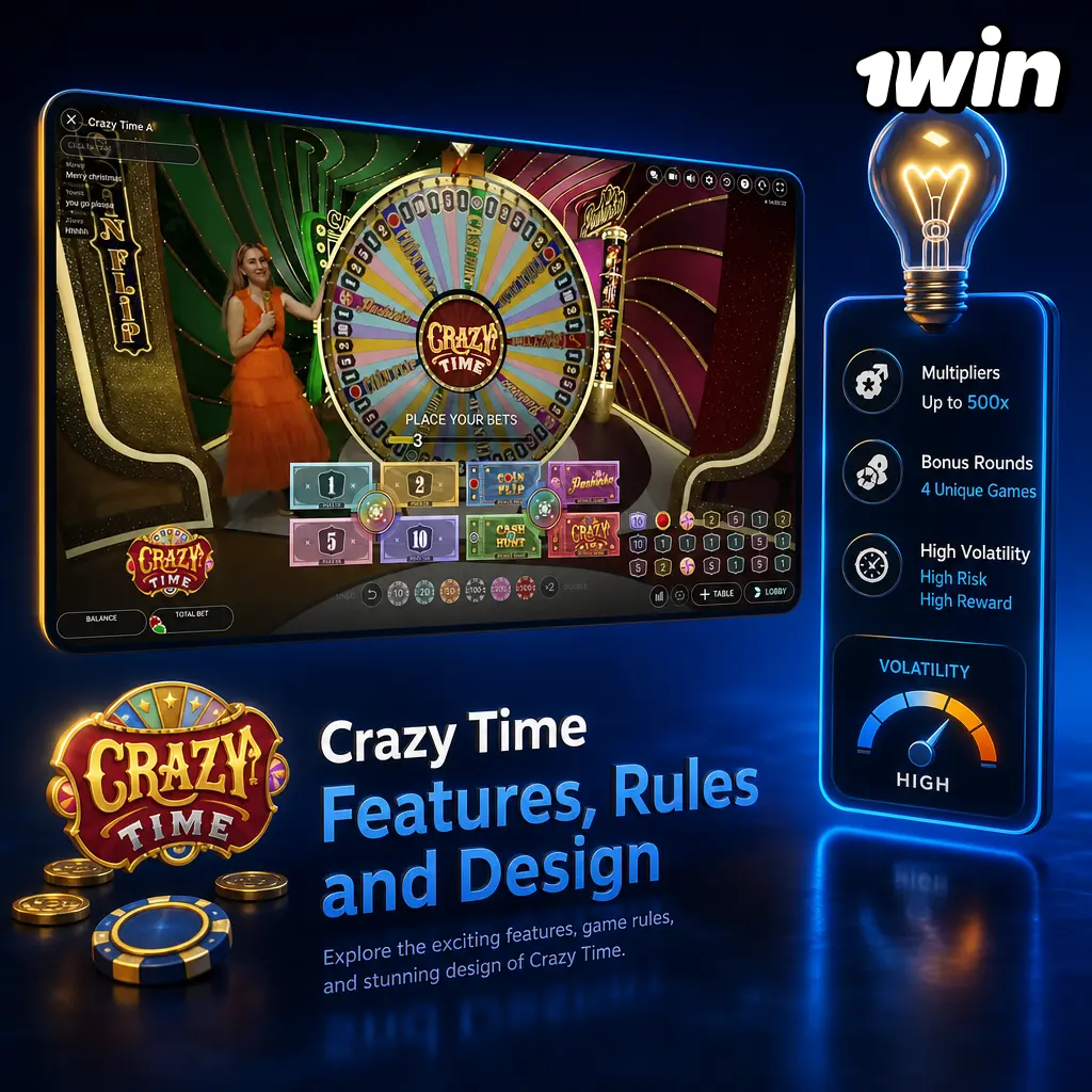 Crazy Time live wheel game on 1win with four bonus rounds, Top Slot multipliers, and carnival-themed studio design.
