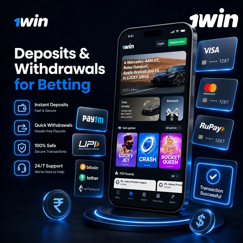1win deposit and withdrawal options for betting, including UPI, PayTM, and crypto transfers like Bitcoin and USDT.