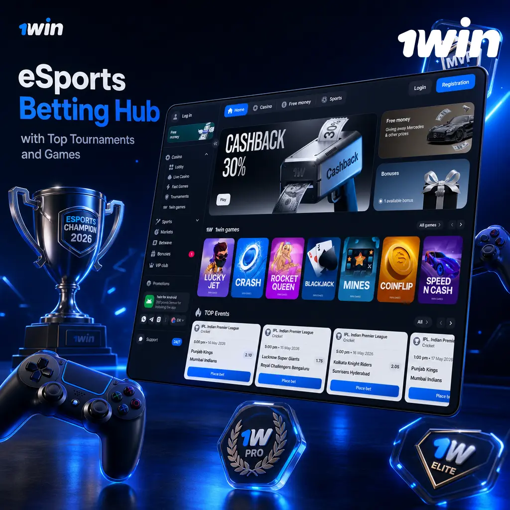 1win eSports betting hub featuring live streaming odds for Dota 2, CS2, League of Legends, Valorant, and Mobile Legends tournaments.