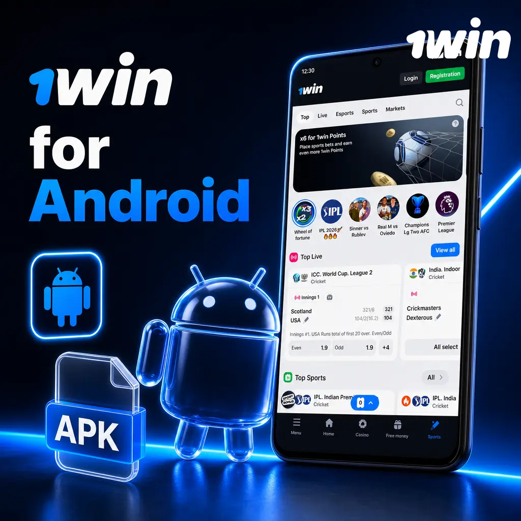 1win Android app APK download screen for live betting, cash out, and casino games access
