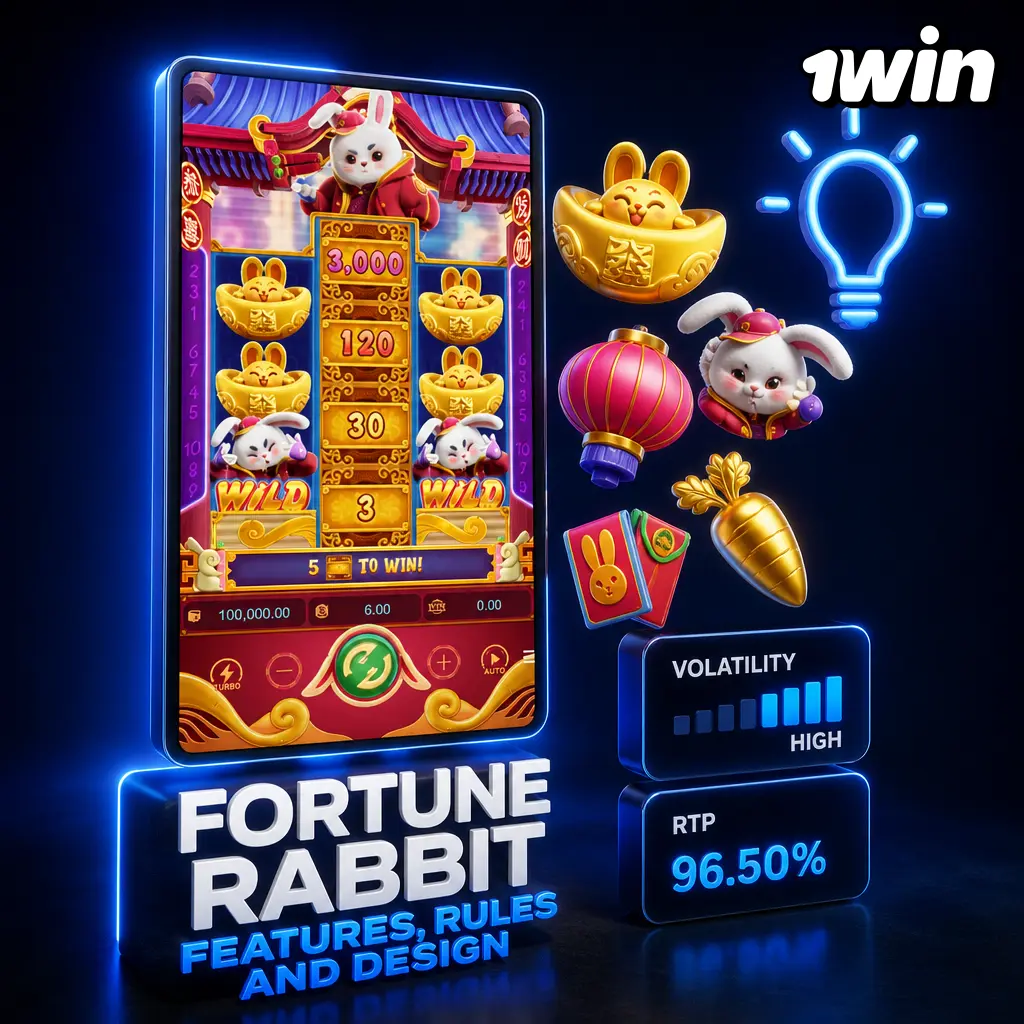 Fortune Rabbit slot on 1win: 3×3 grid, jade rabbit mascot, gold coins, red lanterns, respin multiplier bonus feature.