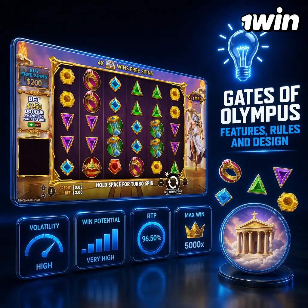 Gates of Olympus slot on 1win: tumbling 6x5 grid, Zeus multipliers, 96.5% RTP, and free spins bonus features.