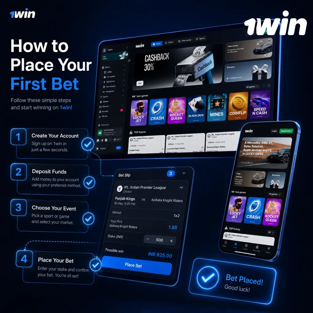 Step-by-step guide showing how to register, deposit funds, and place your first bet on 1win.