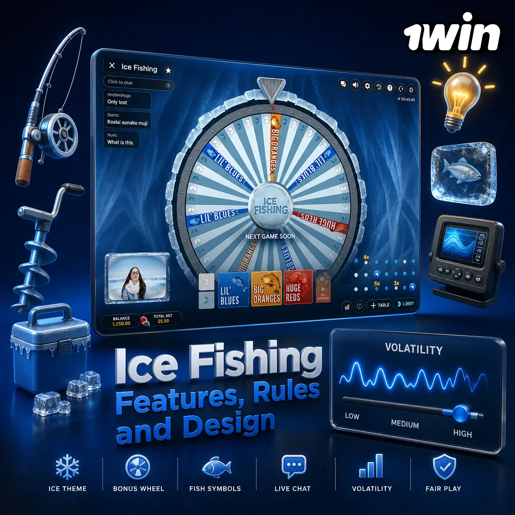 Ice Fishing slot at 1win: frozen lake reels, 97.1% RTP, cascading wins and ice hut bonus multipliers up to 500x