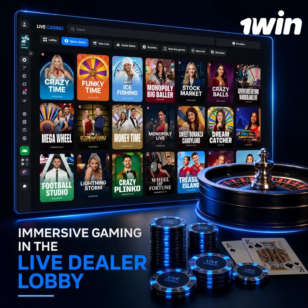 Live dealer lobby on 1win featuring Evolution and Ezugi studios with roulette, blackjack, baccarat, and game shows