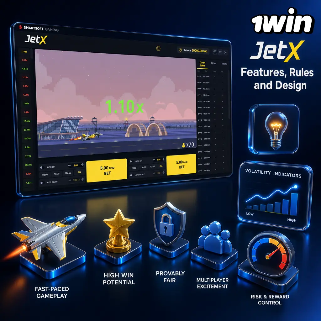 JetX on 1win: crash-style game with rising multiplier, auto cash out, 98.9% RTP, and high volatility gameplay.