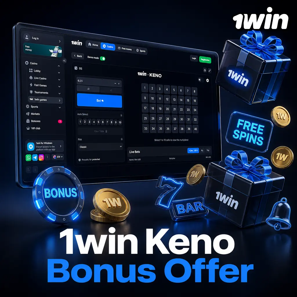 1win Keno bonus offer: welcome package with deposit match up to 2,800 USD and 500 free spins for new players