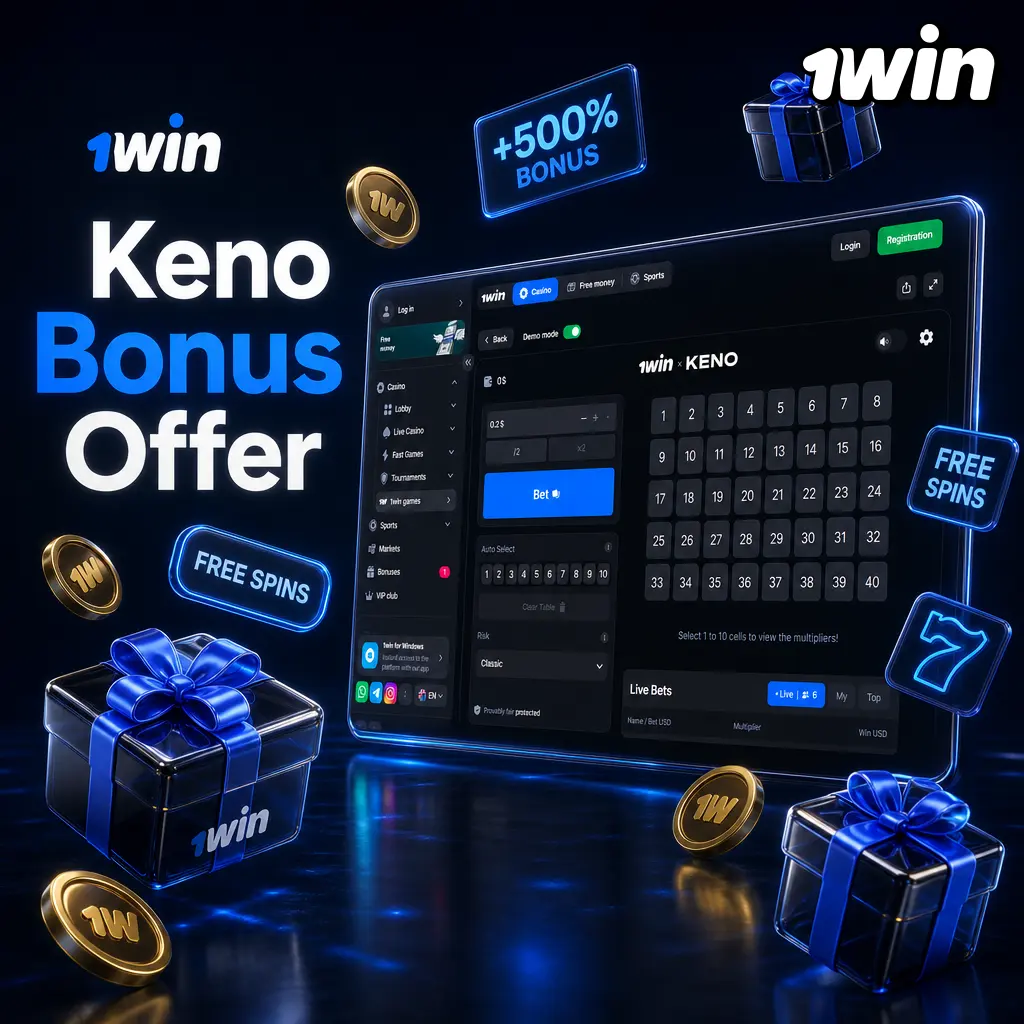 1win Keno welcome bonus: up to 600% match on first four deposits plus 500 free spins, min deposit 300 INR.