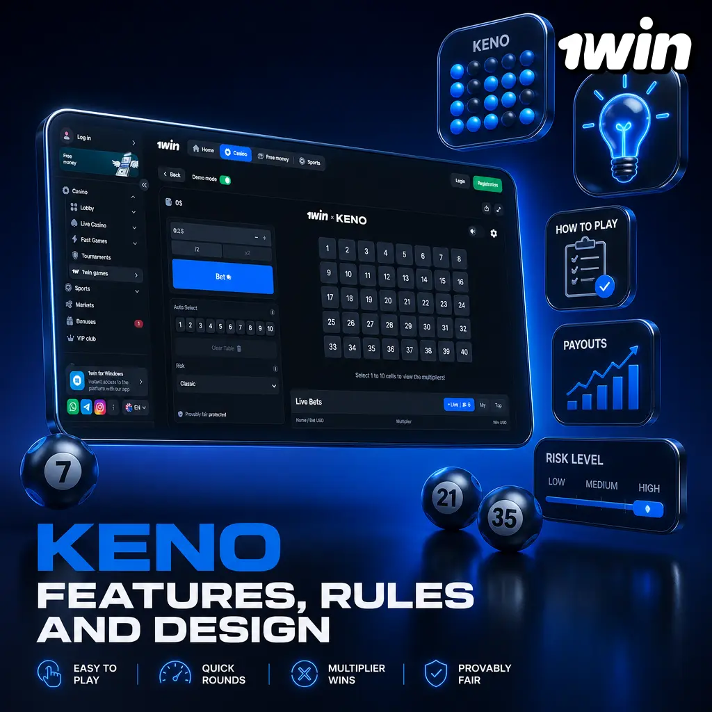 Keno game board on 1win Games with neon blue number tiles on a dark navy interface for desktop and mobile.