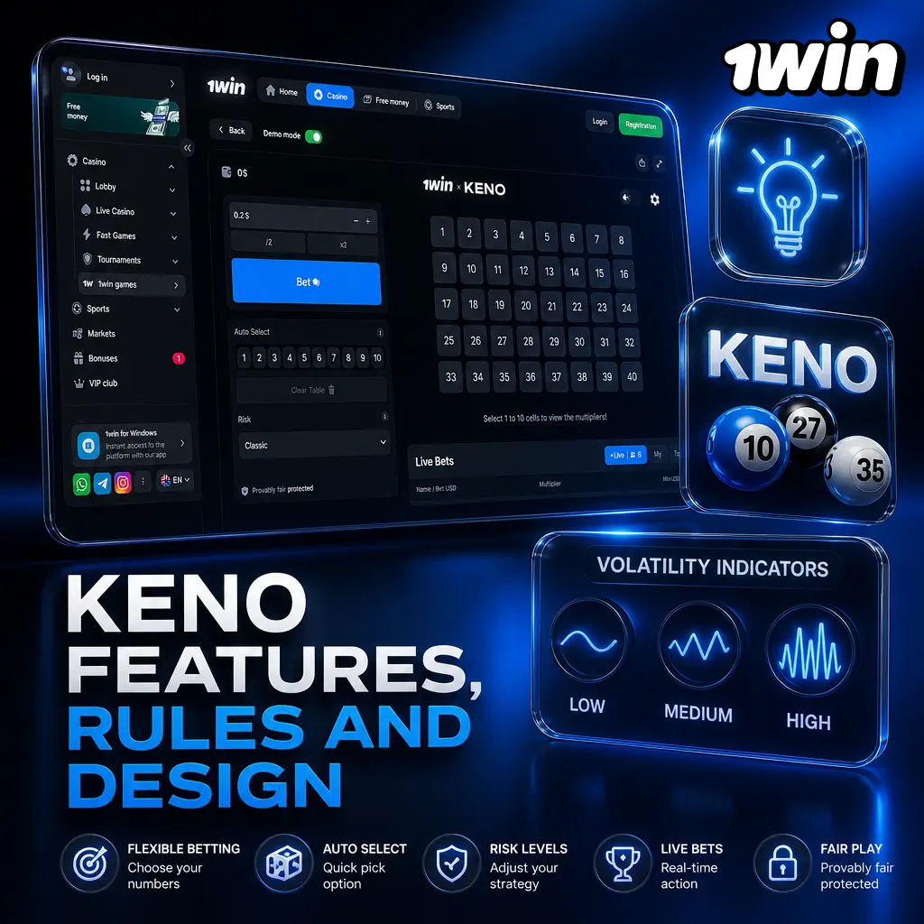 1win Keno game screen showing an 80-number board with neon blue and gold tiles and bet controls at the bottom