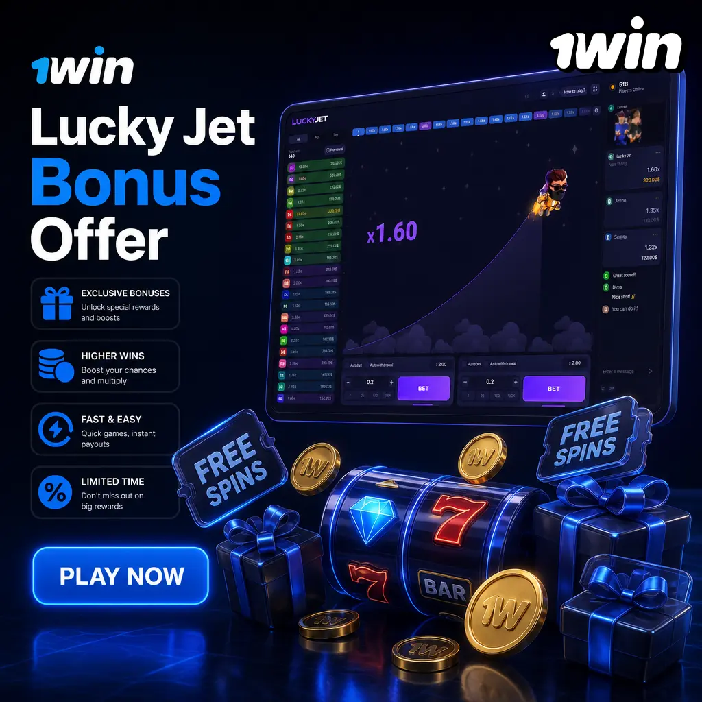 1win Lucky Jet welcome bonus: 500% up to 180,000 INR plus 500 FS across four deposits, or 600% for crypto funding.