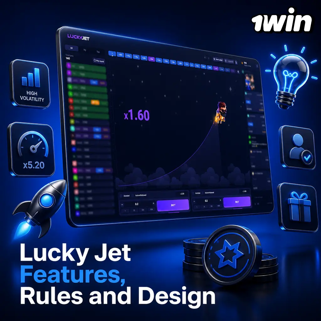Lucky Jet crash game screen showing rising multiplier, flying pilot, neon night sky design, and dual bet panels.