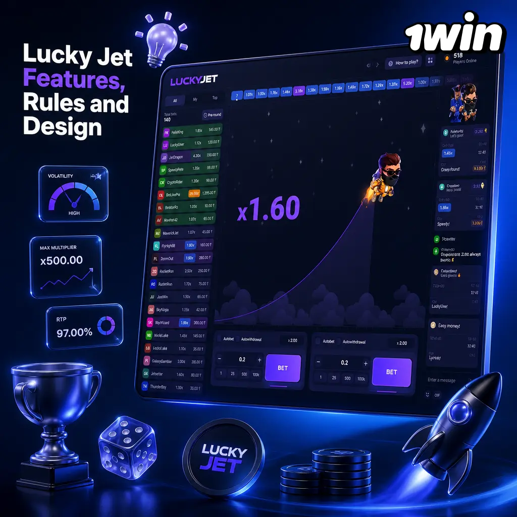 Lucky Jet crash game interface showing rising multiplier, flying pilot, and neon pink-gold design on 1win