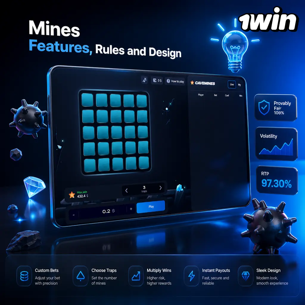 Mines game on 1win: 5×5 grid, adjustable mine count, gem reveals, and neon blue-gold interface with 96.5% RTP.