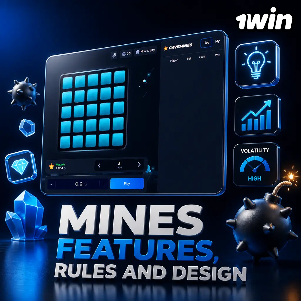 Mines game on 1win: 5x5 grid, gem tiles, mine count selection, live multiplier and cash-out mechanics.