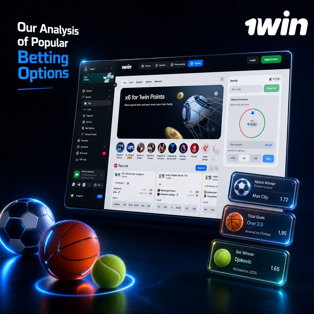 Overview of 1win betting options: pre-match, live betting, and bet builder markets for cricket and football fixtures.