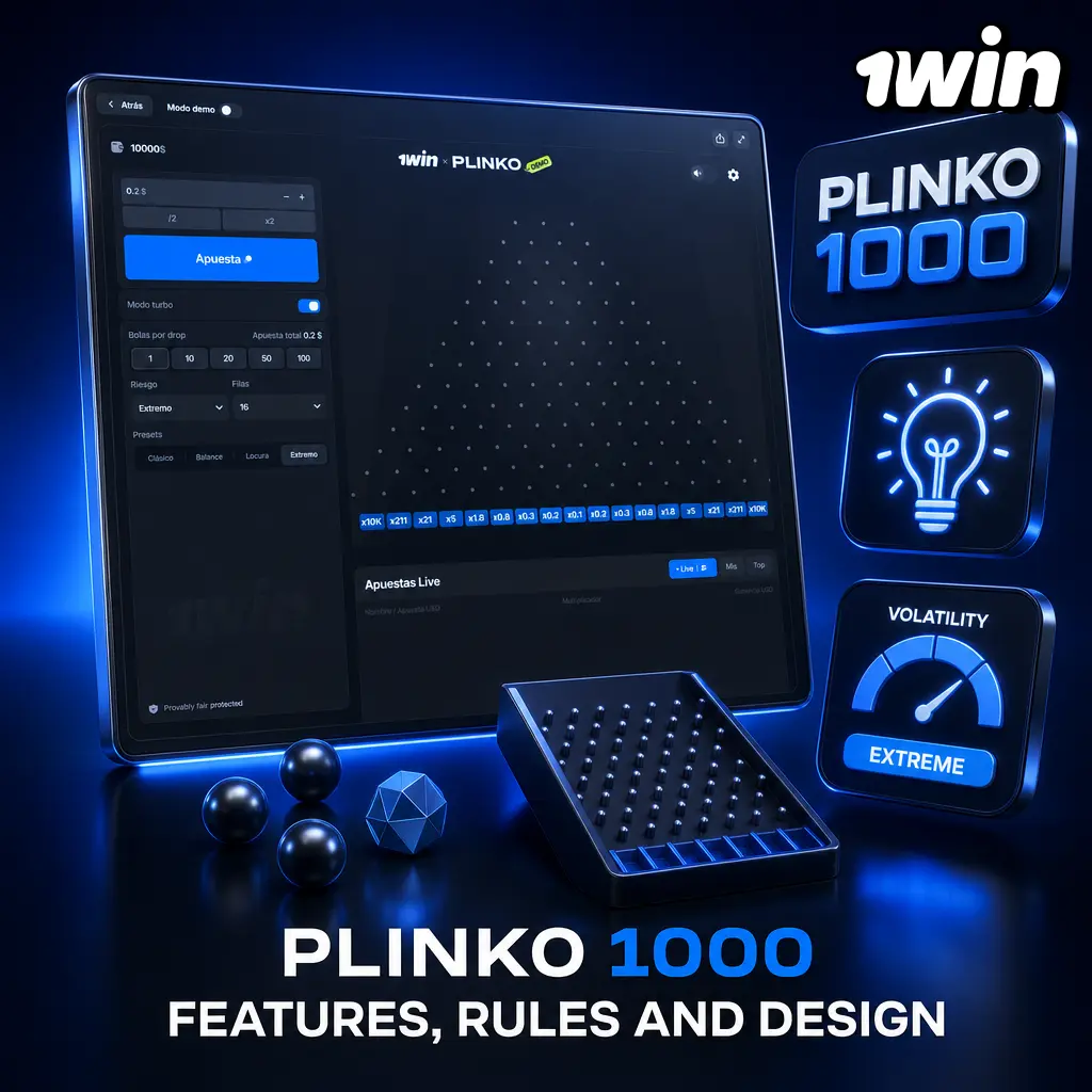 Plinko 1000 by 1Win: adjustable risk board game with 97% RTP, neon design, and customizable rows for every bet size.