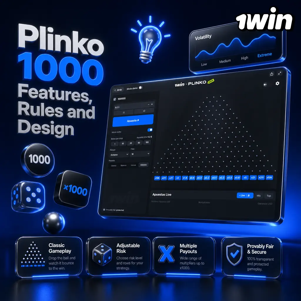 Plinko 1000 game board with neon blue and pink pin slots showing multiplier values and ball drop mechanic.
