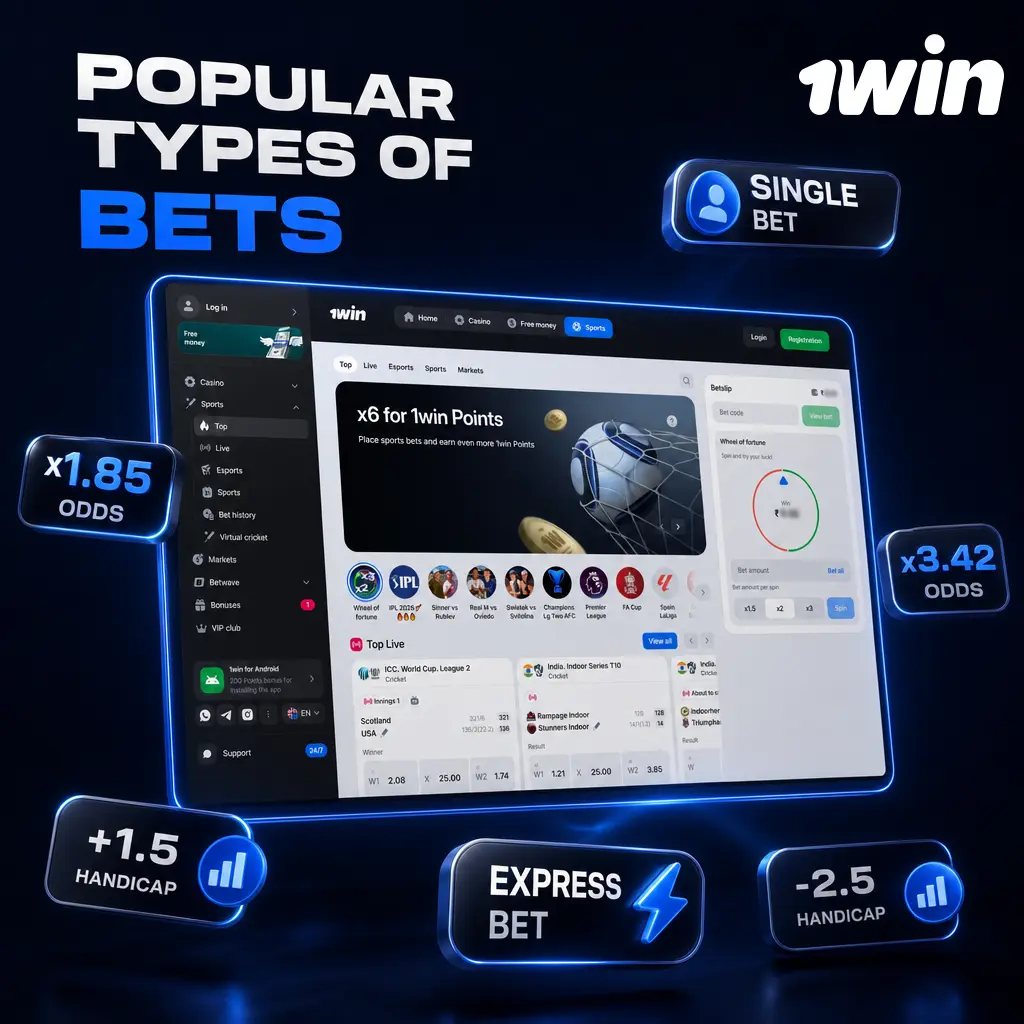 Popular betting types on 1win: Single, Express, System, Chain, and Bet Builder options for every sport and risk level.