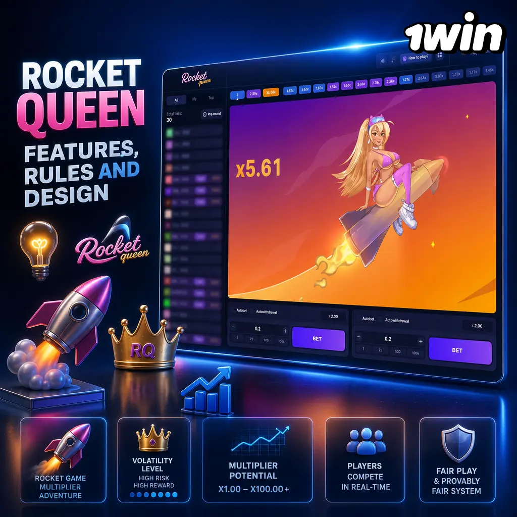 Rocket Queen slot at 1win: 5x3 grid, cascading wins, rising multipliers, and neon rocket-themed bonus rounds.