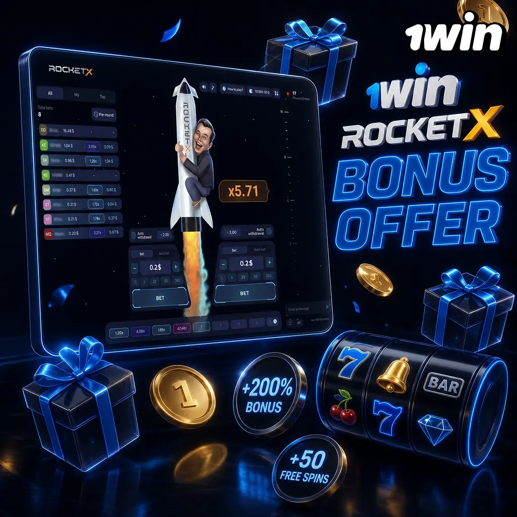1win Rocket X welcome bonus: up to 500% match on first 4 deposits plus 500 free spins for new casino players.