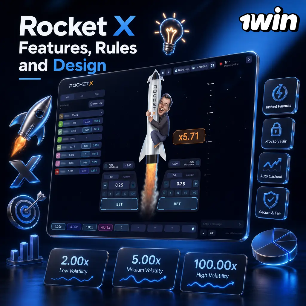Rocket X crash game interface showing rocket launch, rising multiplier, and space-themed cockpit design on 1win.