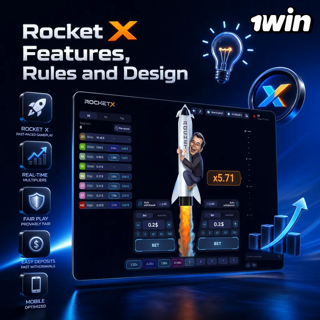 Rocket X on 1win: 97% RTP crash game with rising multipliers, cash-out mechanics, and neon space-themed design.
