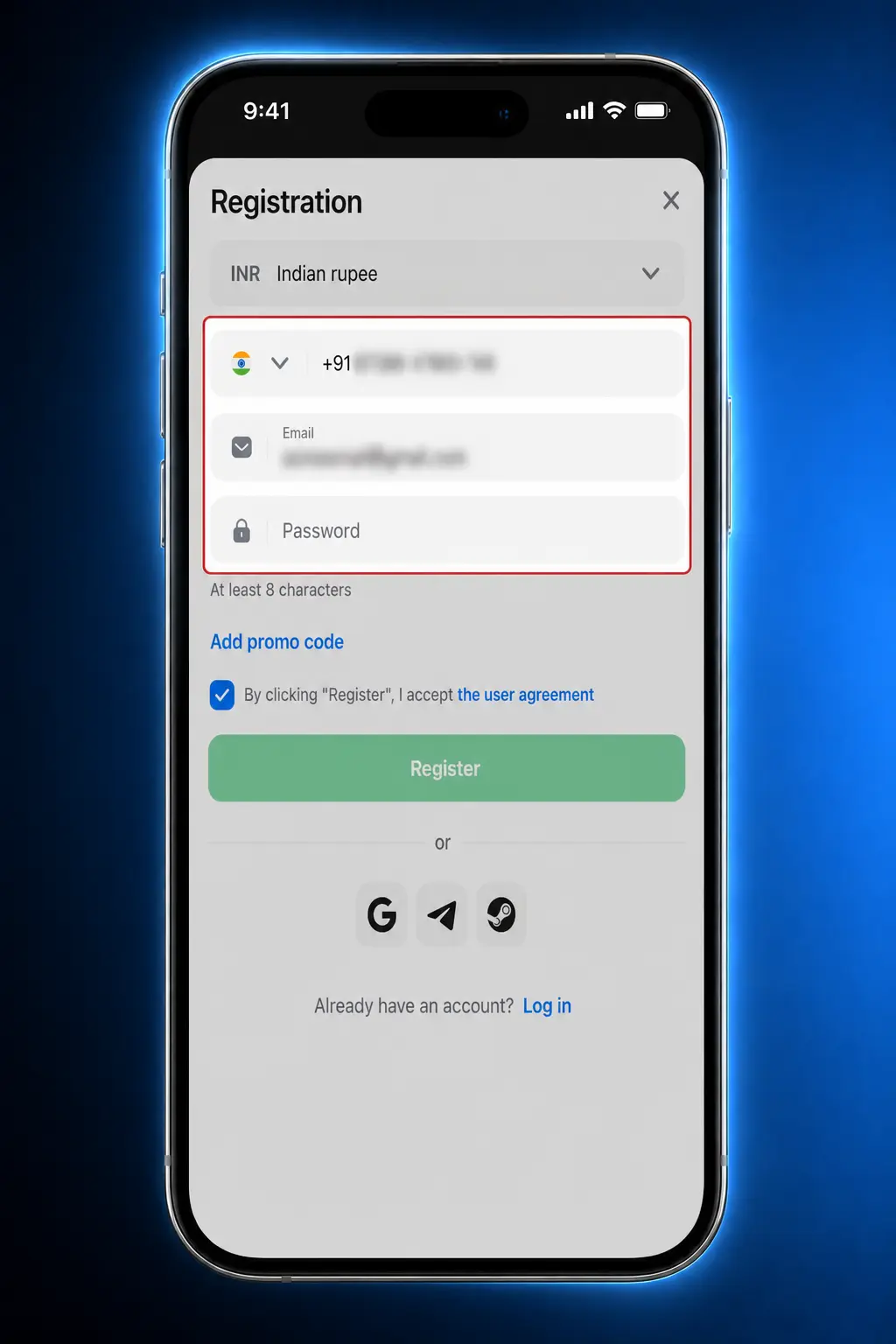 Step-by-step guide showing how to sign up and register a new account on 1win to claim the welcome bonus.
