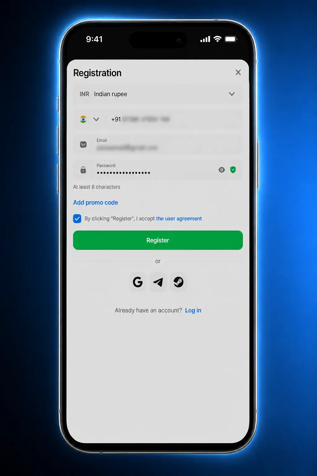 Step-by-step guide showing how to sign up and register a new account on 1win to claim the welcome bonus.