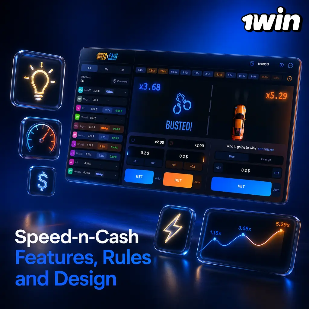 Speed-n-Cash slot on 1win: neon racetrack design, 5 reels, 97% RTP, high volatility, and arcade racing theme.