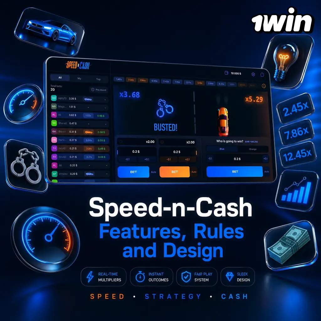 Speed-n-Cash slot on 1win: neon racing theme, 97% RTP, high volatility, and multiplier-driven fast-paced gameplay.