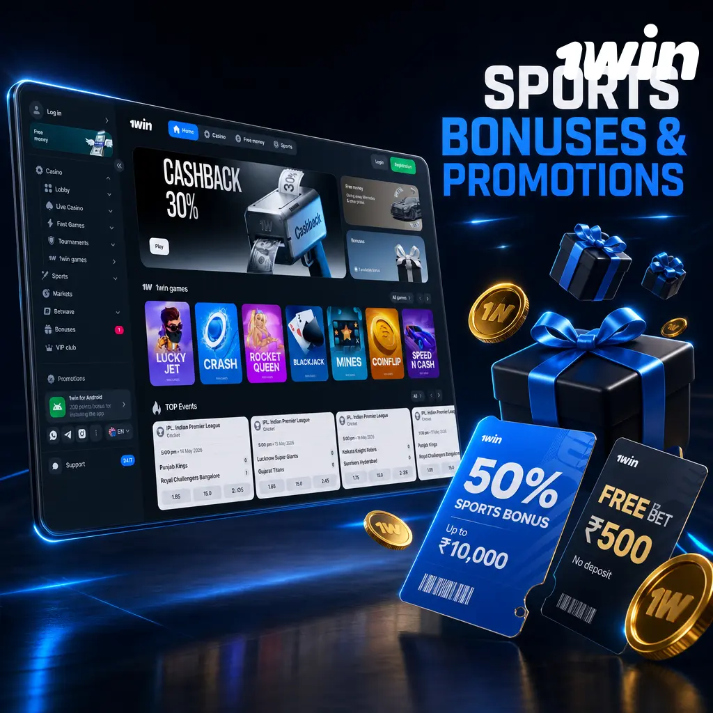 1win sports bonuses: welcome offer, crypto deposit bonus, accumulator boost, bet of the day, and weekly cashback promotions.