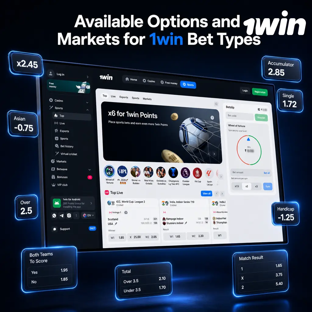 Overview of 1win bet types: Single, Accumulator, System, Handicap, and Over/Under betting options explained.