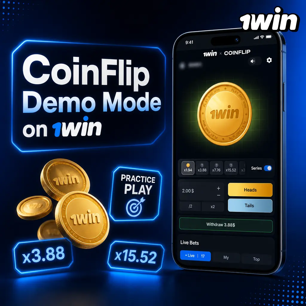 CoinFlip demo mode on 1win: practice with virtual credits, no deposit or login needed before real-money play.