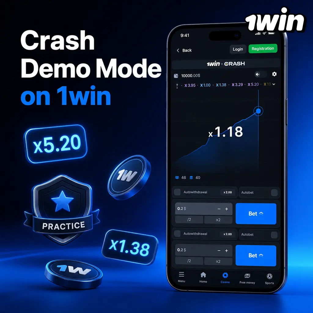 1win Crash demo mode with 1,000 virtual credits for practicing cash out timing and auto cash out risk-free