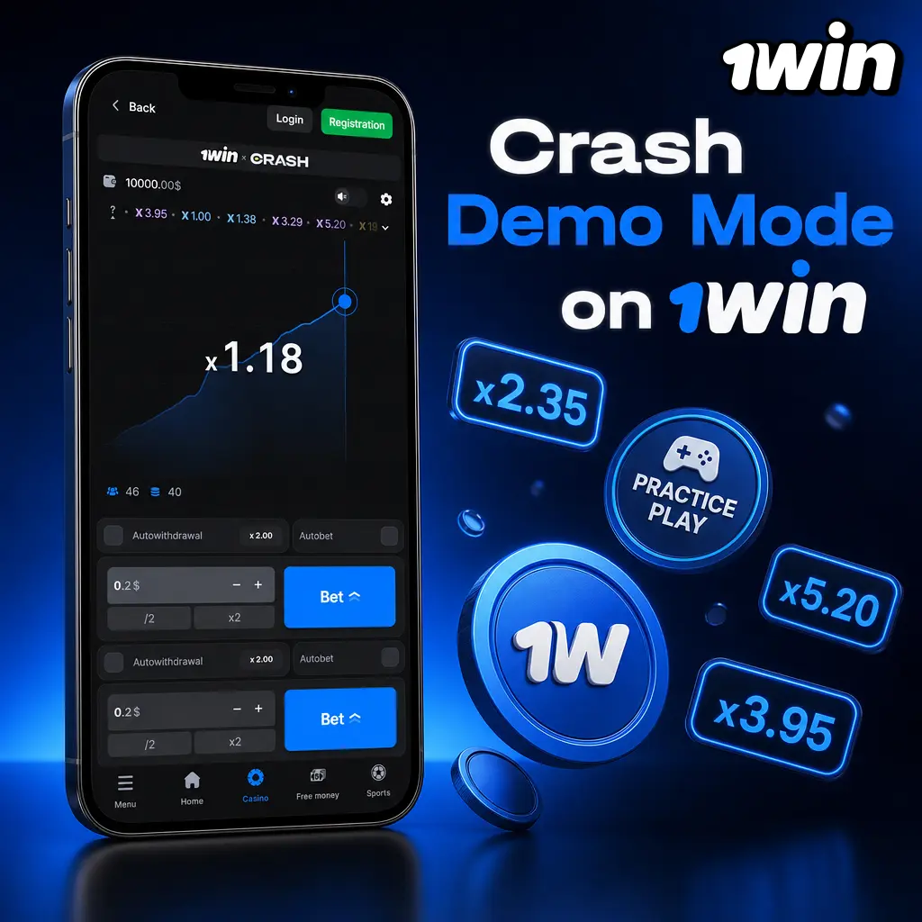 1win Crash demo mode screen showing virtual credits balance for testing cash out timing and betting strategies