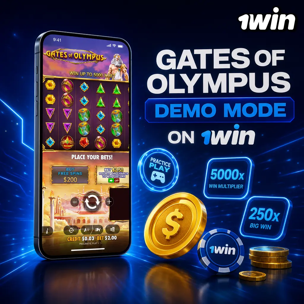 Gates of Olympus demo mode on 1win showing free spins, Tumble feature, and multiplier orbs gameplay