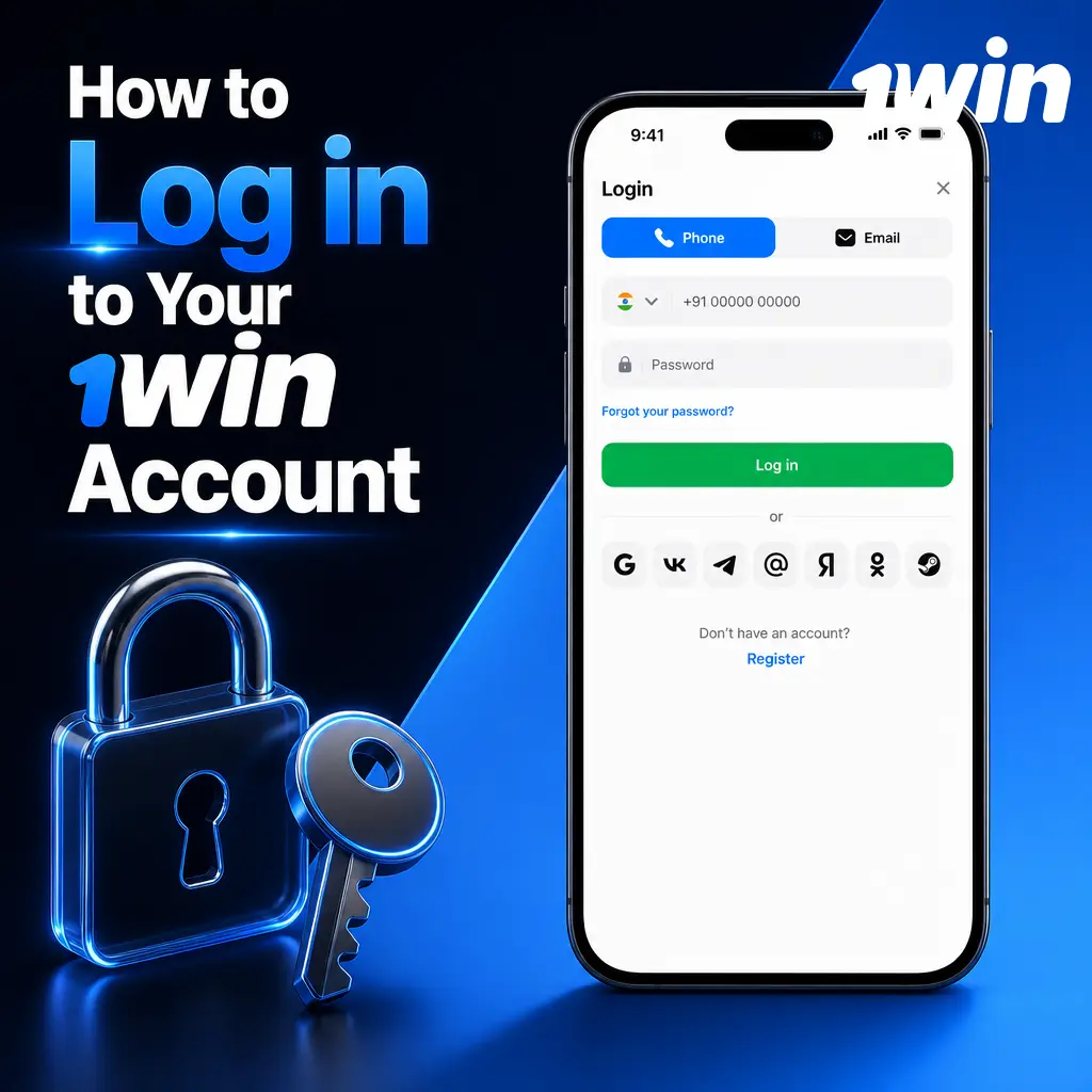 Screenshot showing how to log in to a 1win account using phone, email, or social account credentials.