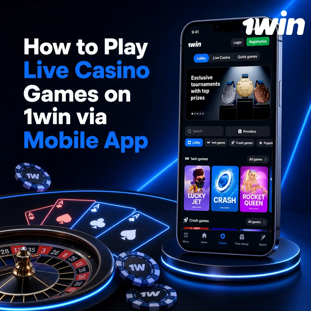 1win mobile app screen showing live casino lobby with tables for roulette, blackjack, baccarat, and game shows.