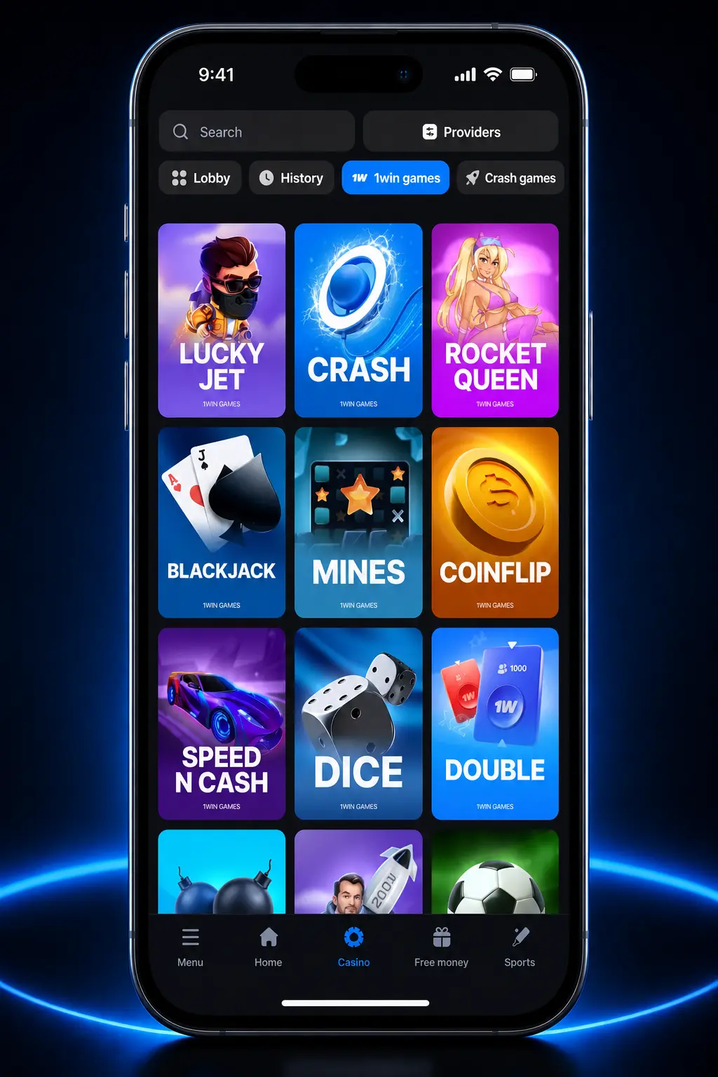 Step-by-step guide showing how to log in, find, and play slot games on the 1win casino app.