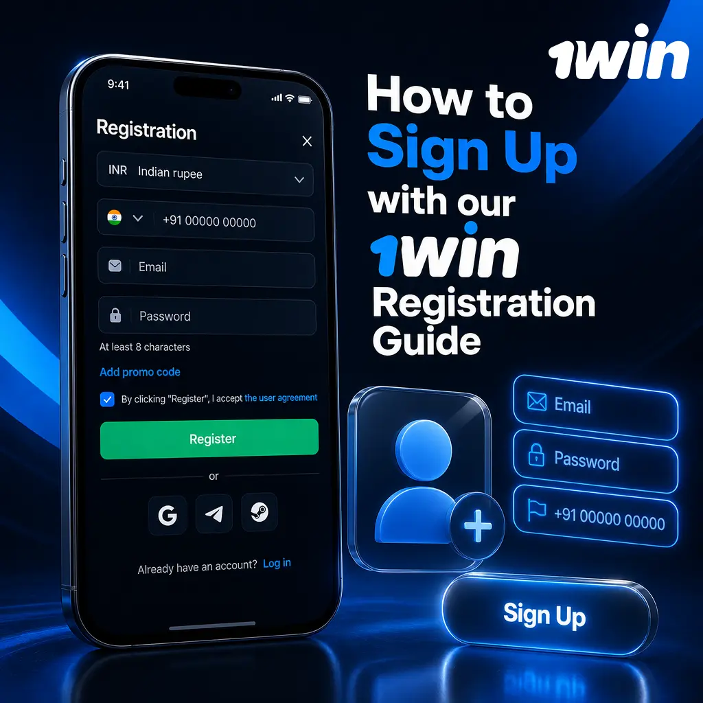 1win registration guide showing steps to sign up via email, phone, or social account and claim the welcome bonus.