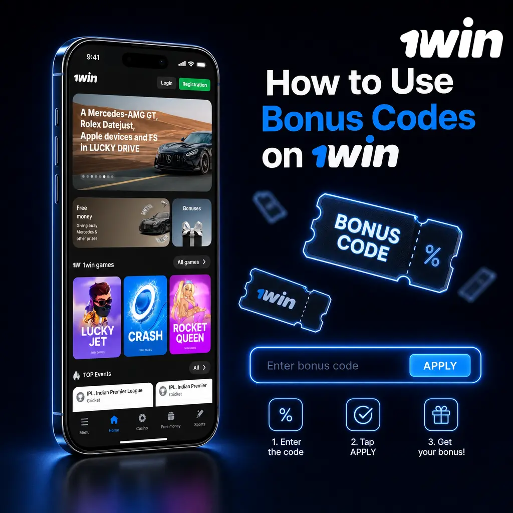 Step-by-step guide showing how to enter and apply a bonus code during deposit on 1win