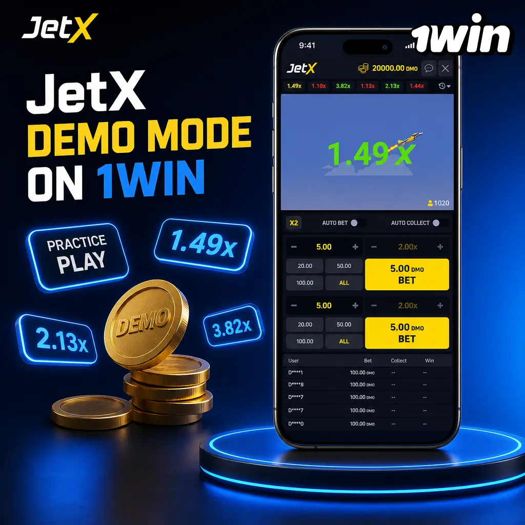 JetX demo mode on 1win showing multiplier curve and cash out button using virtual credits, no real balance needed